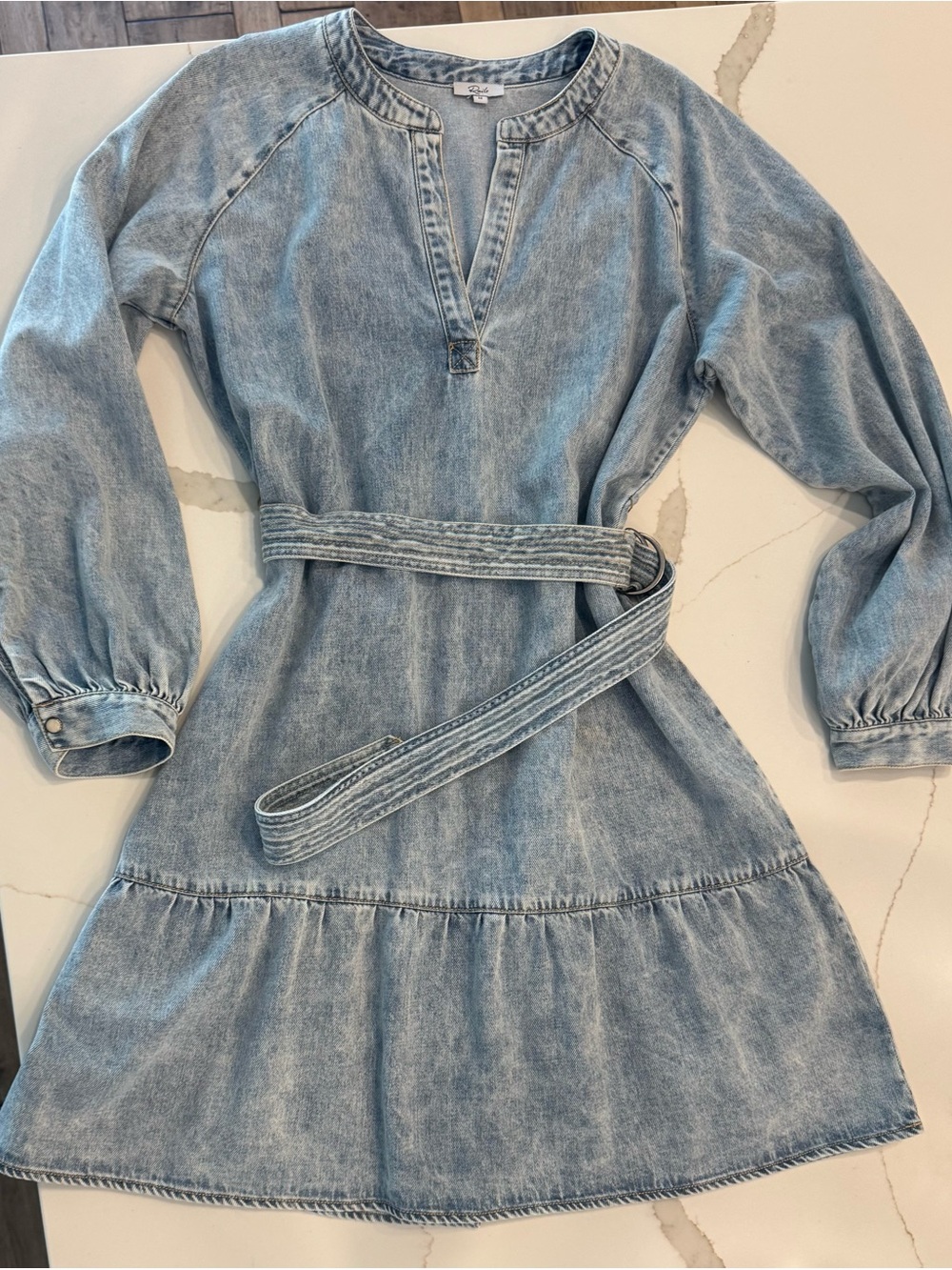 Rails Light Blue Washed Denim Mini Dress with Self Tie Belt